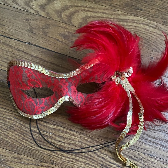 Accessories - Red feather lace Masquerade Mask with Gold Sequin bow trim